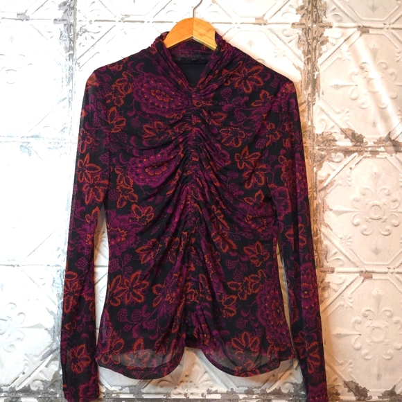 Jane and Delancey Dark Whimsical Floral Black/Red Gathered Front Sheer Top XL - Picture 11 of 11